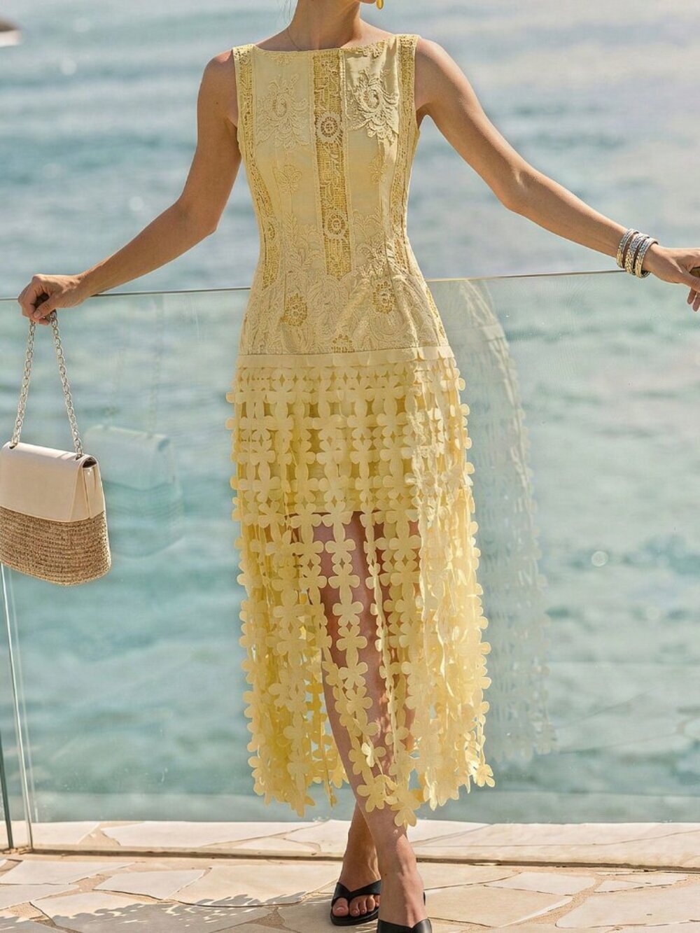 Yellow Elegant Women's Romantic Sleeveless Floral Fringe Dress